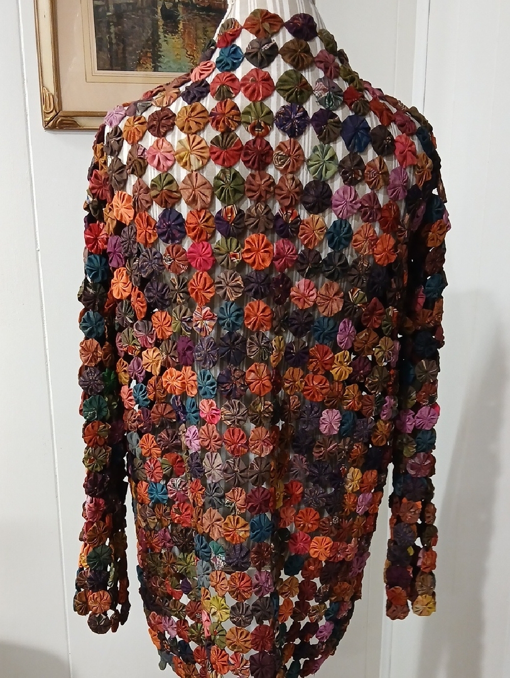 Vintage YoYo Quilt Rosettes Open Cardigan Boho Cottagecore Jacket Sz Med - Picture 3 of 10